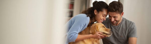 glückliches paar mit ihrem hund, haustiere